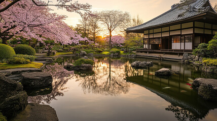 Showa Day scene in Japan featuring a traditional Japanese garden at dawn with blooming cherry blossoms, serene koi ponds, and subtle hints of historical architecture.