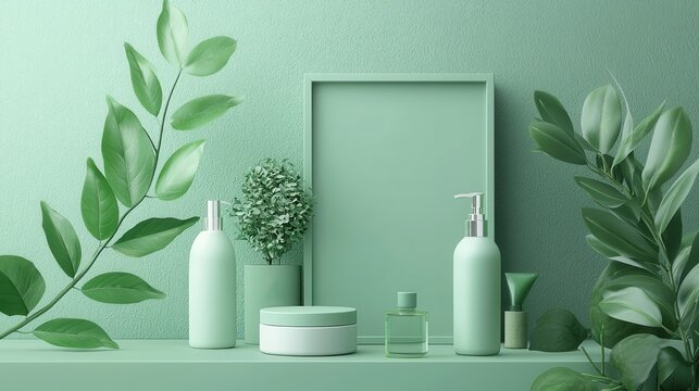 Elegant green skincare display home product arrangement minimalist eye level natural aesthetics