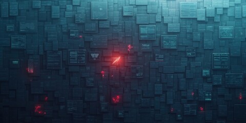 A blue background with red squares and a red dot in the middle