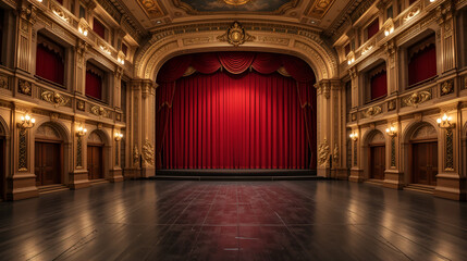 Ornate theater stage floor with red curtain and opulent hall
