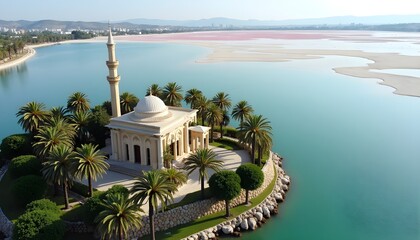 An awe-inspiring aerial perspective of Hala Sultan Tekke mosque and its surrounding landscape in Larnaca, Cyprus. The image captures the full beauty of the ancient Islamic shrine,