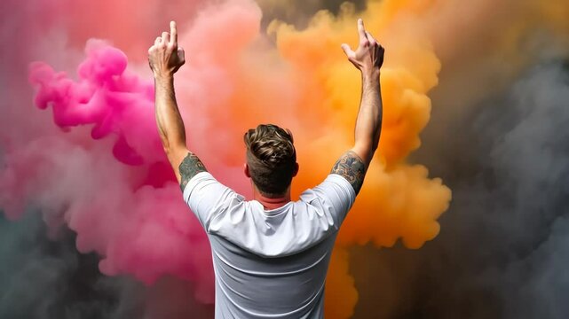Man is standing in front of a colorful smoke cloud, with his arms raised in the air. Concept of excitement and joy, as if the man is celebrating or expressing his happiness