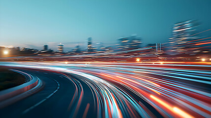 Nighttime Cityscape With Light Trails From Moving Vehicles Along A Dark Highway Under Twilight Sky