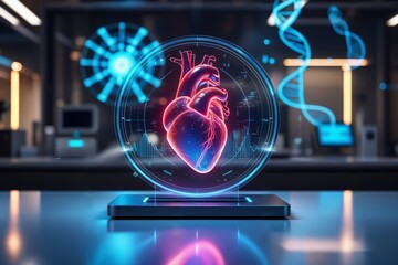 Ein holografisches 3D-Modell eines menschlichen Herzens schwebt über einer High-Tech-Oberfläche, umgeben von leuchtend blauen biometrischen Daten. Im Hintergrund sind Laborgeräte und DNA-Grafiken.