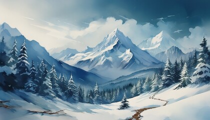 水彩画風の雪山のイラスト