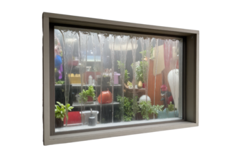 Water wall feature with planters and decor on shelves in a brown frame, transparent background