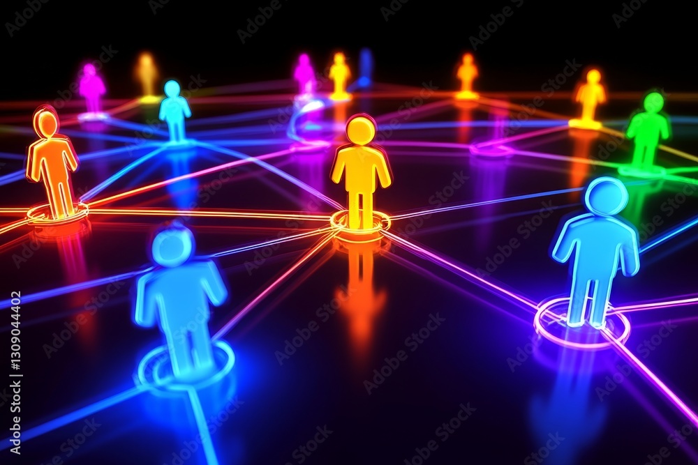 Poster hyper realistic 3d rendering of network connections with glowing icons on dark blue background