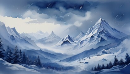 水彩画風の雪山のイラスト