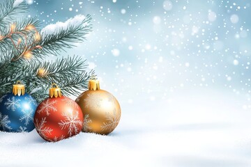 Vibrant vector christmas scene with colorful ornaments and fir branches on snowy background