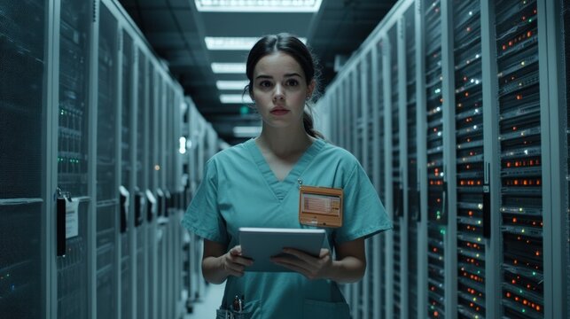 Female Technician in Server Room with Tablet and Green Scrubs