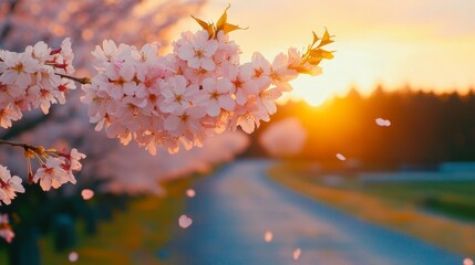 Nature Seasonal Change, Cherry Blossoms and Blooming Trees, Winding Path Through Dreamy Blossom Trees at Sunset with Petals Floating
