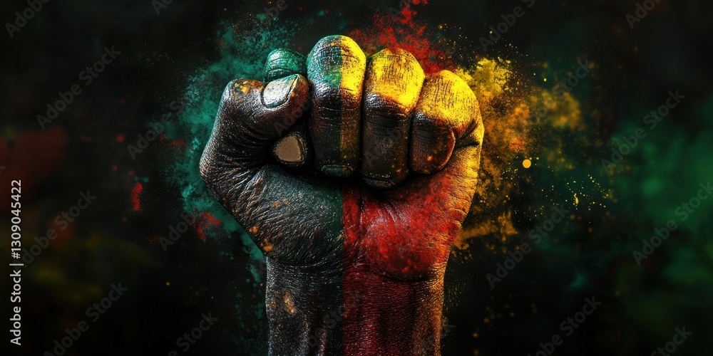 Poster symbol of unity and strength: an artistic representation of a raised fist in vibrant colors