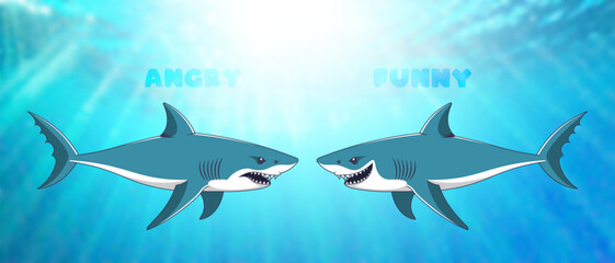 Naklejka premium Vector cartoon emotional sharks, angry and smiling. Wild ocean toon fish predator. Underwater bright radiant blurred sea. Brutal and cheerful. Two fishes