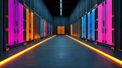 Fototapeta premium A vibrant hallway with colorful container doors and bright lighting, showcasing modern industrial design and creative space.