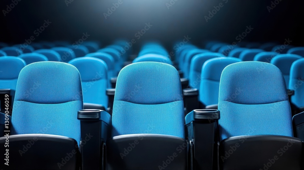 Aufkleber Silhouette of Empty Blue Cinema Interior with Rows of Unoccupied Seats and a Soft Blue Light, Capturing the Essence of Abandonment and Tranquility in a Movie Theater Setting