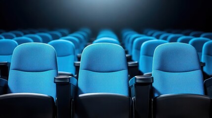 Silhouette of Empty Blue Cinema Interior with Rows of Unoccupied Seats and a Soft Blue Light, Capturing the Essence of Abandonment and Tranquility in a Movie Theater Setting