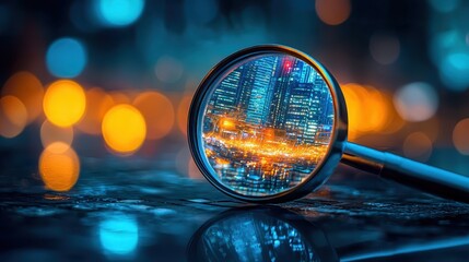 Nighttime urban landscape creative reflections through a magnifying glass