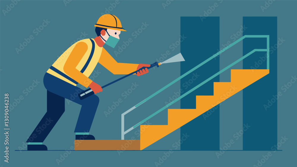 Poster with a steady hand and a protective mask a construction worker welds a staircase railing ensuring it