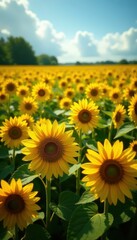 Obraz premium A vast expanse of sunflowers, bathed in sunlight, a summer idyll , beauty, clouds, photo