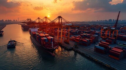 Fototapeta premium Sunset Over Container Port with Cargo Ships and Cranes