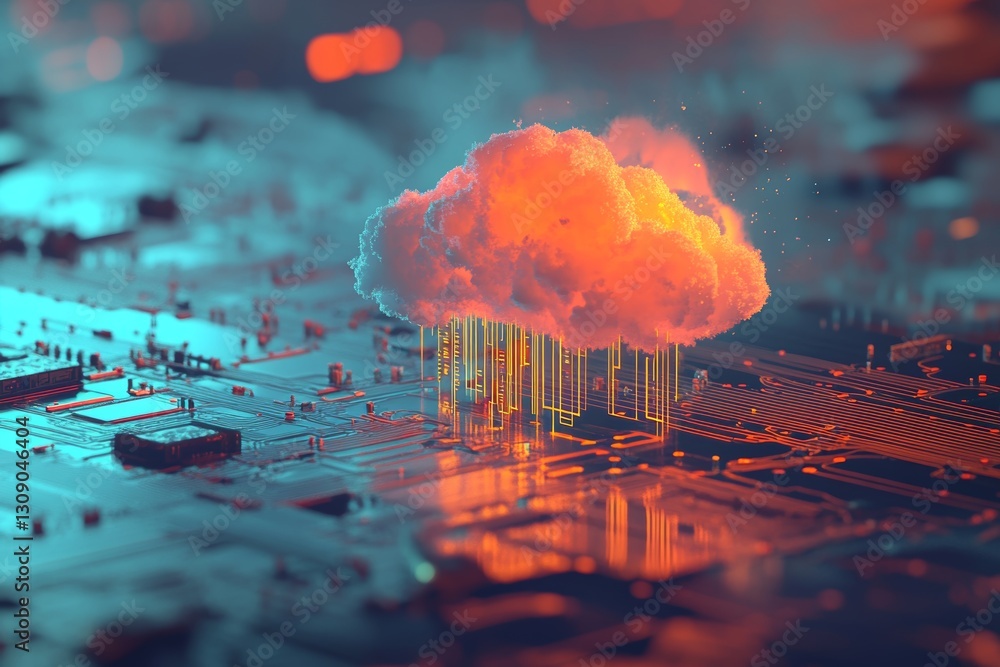 Poster 3d visualization of data streaming into a cloud above a circuit board in orange and blue hues