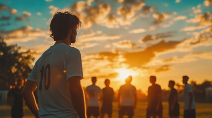 A soccer coach giving instructions to a team of players gathered around him on the field during practice, with the sun setting in the background.
