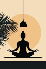 A woman is sitting on a yoga mat in a room with a plant