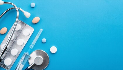 Pills and medical equiupments including stethoscope, syringe and scissors on blue background