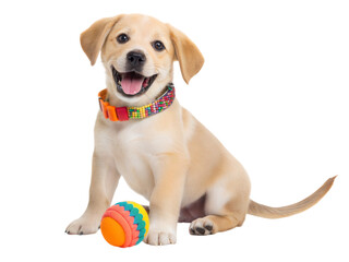 Fototapeta na wymiar Playful puppy with colorful collar playing with toy ball indoor home cute pet portrait, isolated on white or transparent background