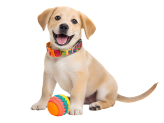 Playful puppy with colorful collar playing with toy ball indoor home cute pet portrait, isolated on white or transparent background