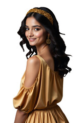Naklejka premium Woman with Gold Headband and Earrings Smiling