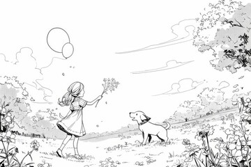 Obraz premium Adorable black and white line art illustration of a little girl and her dog playing fetch in a park, with trees, flowers, and a bright sunny sky.