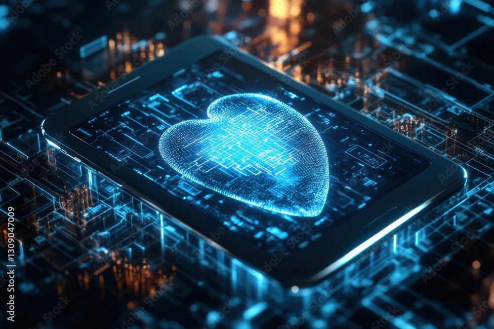 Poster digital heart illuminated on a smartphone screen amidst a circuit board background