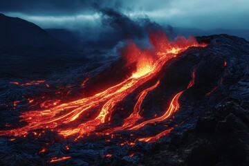 Lava flows from an erupting volcano under dark, cloudy skies at twilight