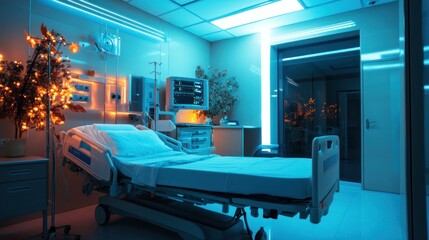 Modern Hospital Room at Night with Soft Blue and Orange Lighting