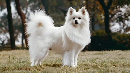 American Indian Spitz dog with a pure white coat, captured in a full-body portrait with a soft and fluffy appearance.