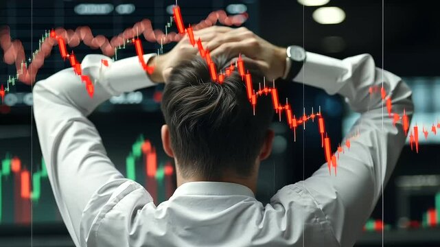Trader Analyzing Plummeting Stock Chart on Cracked Screen