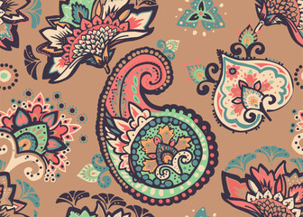 Seamless paisley pattern in Oriental style with floral and ethnic motifs for printed fabric, wallpaper, and packaging