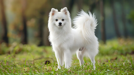American Indian Spitz dog with a pure white coat, captured in a full-body portrait with a soft and fluffy appearance.