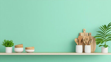 Minimalist Kitchen Interior With Green Wall And Wooden Shelf Featuring Plants Cutting Boards And Kitchen Utensils Displayed