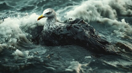 Environmental disaster! Seagull in rough sea. Bird swims in ocean waves. Wild animal in water. Dark and dramatic scene. Seagull in stormy weather.
