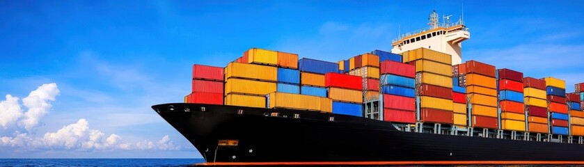 Fototapeta premium Stern of large cargo ship import export container box on the ocean sea on blue sky back ground concept transportation logistic and service to customer and supply change
