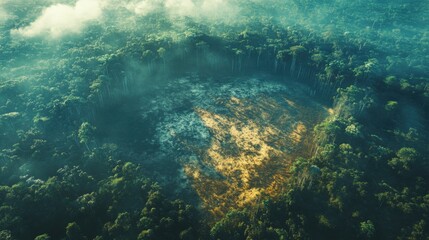 Dense green forest from above. Open clearing in trees. Sunlight hitting the ground. Aerial view of woodland area. Forest canopy in sunshine.