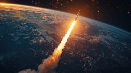 Rocket blasting off earth. Space travel and exploration. Spaceship launch into cosmos. Space technology for mission. Rocket soars to stars.