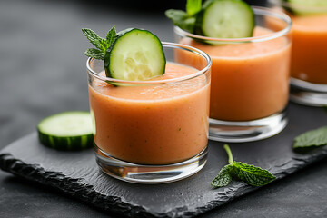 Refreshing cucumber and melon smoothie served in glasses on a slate board with mint leaves