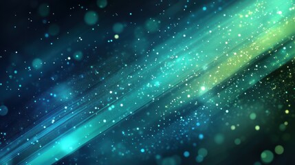 Fototapeta premium Light sparkles glow. Diagonal bright beams shine. Blue green color gradient. Glowing dust particles. Abstract sparkle background. Magical light effects overlay.