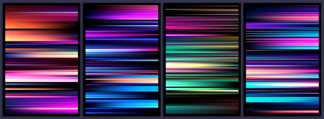 Set of glowing futuristic neon lights in high speed streaks and contrast lines. Light trails of high-tech universe shine in neon tones with visual symphony of speed and energy for banner, flyer, cover
