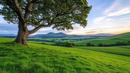 Fototapeta premium Sunset view from under a tree on a green meadow with hills on the horizon