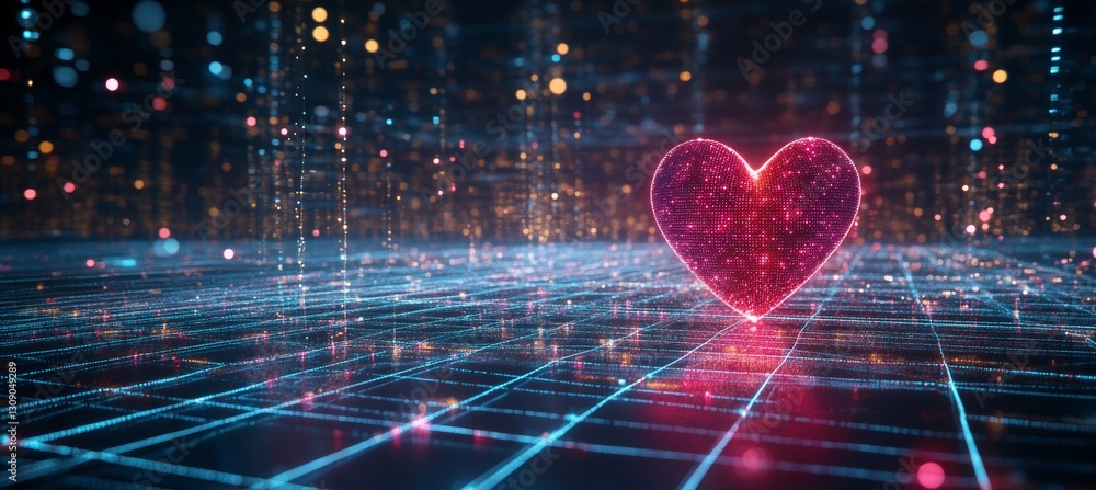 Poster glowing digital heart on grid, vector style illustration with abstract lines and bokeh