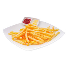 French fries with ketchup and mayonnaise on a square plate isolated on white background